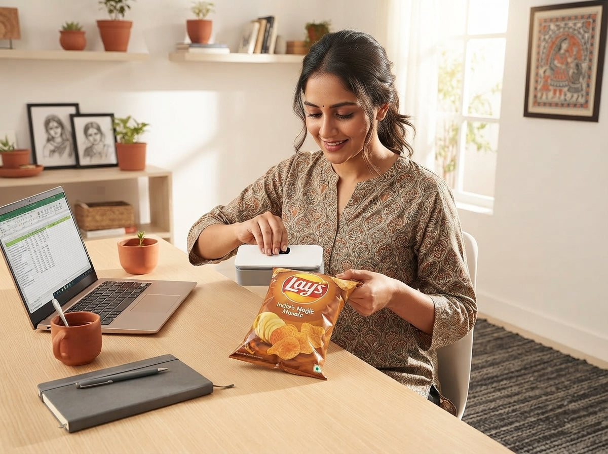 A South Asian person uses a small white portable bag sealer to reseal a snack bag at a modern desk.