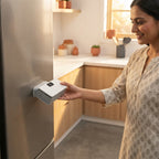 A person attaching a magnetic mini bag sealer to a refrigerator in a modern kitchen with terracotta and charcoal decor.